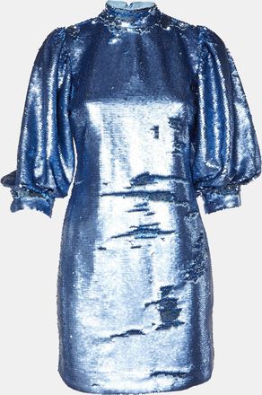 Ganni Ganni Blue Sequined High Neck Mini Dress