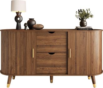 STILVORA Aparador Con 2 Puertas Correderas Y 2 Cajones, Esquinas Redondeadas, Estilo Moderno, En Mdf, 140&times;40&times;79,5 Cm, Nogal