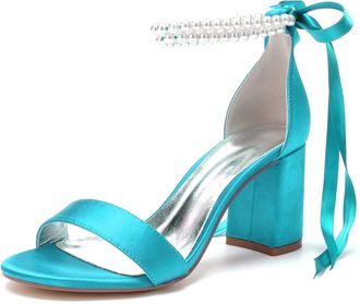 Generic Wedding Shoes Womens Open Toe Heels Bride High Heels Sandals Satin Bridal Chunky Heels Ankle Strap Evening Party 8Cm,Blue Green,10 UK