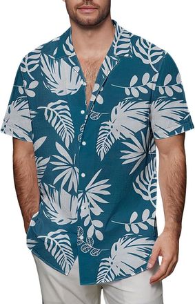 Generic Mens Floral Shirts Cuban Collar Shirt Button Down Tropical Holiday Beach Shirts Bowling Shirt (Light Blue, XL)