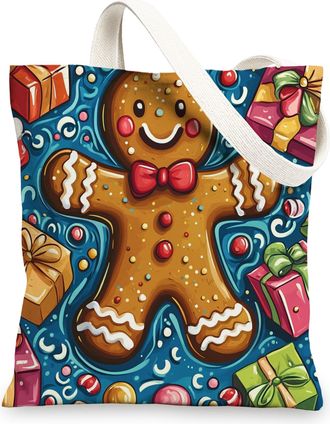 Generic Whimsical Merry Christmas Gingerbread Man Canvas Tote Bag for Shopping 13x15, Fun Kid Xmas Reusable Grocery Print Bag for Women Men, Holiday New Year 