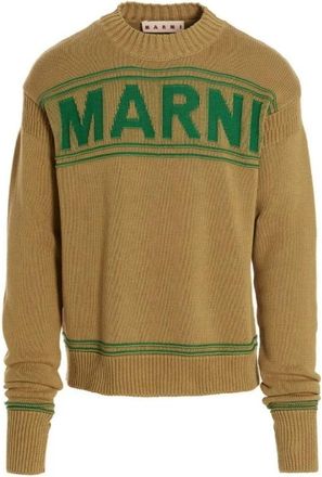 Marni Logo Mosterd-Groene Katoenen Trui - Heren - Ronde hals truien - Bruin - XL - Katoen - Truien & Vesten