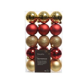 Decoris Kerstballen polystyreen kerstrood/goud shiny matt glitter mix - 30 stuks (ø6 cm)