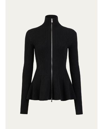 Alaia Wool-Blend Rib Peplum Zip Cardigan