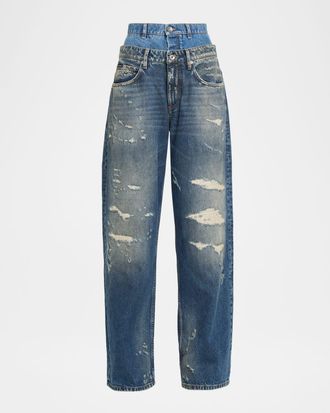 Dolce & Gabbana High-Rise Double Waistband Wide-Leg Distressed Jeans