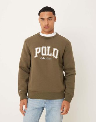 Polo Ralph Lauren Felpa verde oliva in pile con scritta stile college grande del logo