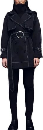 Caalo Sustainable Water-Resistant Short Trench Coat in Black /Off-White at Nordstrom, Size Medium