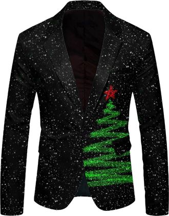 Generic Mens Christmas Suits Blazer Slim Fit Lapel One Button Suit Tuxedo Jacket Novelty Blazer Jacket Men Xmas Costume Party Outfit Tuxedo Suits Business Wed