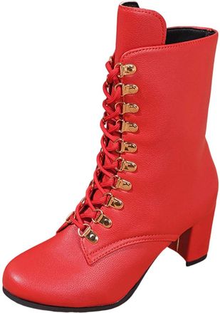 Generic Red Female British Style Boots with Thick Heel and Solid Color for Height Enhancement Comfortable Wear in Autumn and Winter