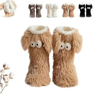 Generic Muffle Friends Cozy Socks, Womens Winter Warm Fuzzy Non-Slip Slipper Socks with Cute Big Eyes - Thick Plush Indoor Home Floor Socks (Coffee)