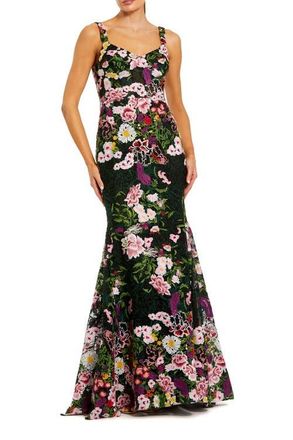 Mac Duggal Sleeveless Scoop Neck Embroidered Mermaid Gown in Black Multi at Nordstrom, Size 14