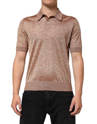 Dolce & Gabbana Mens Silk-Cotton Blend Textured Polo Brown Polyester