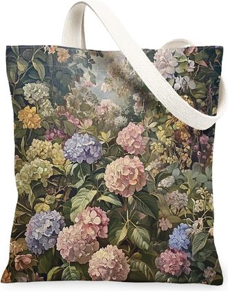 Generic Spring Aesthetic Hydrangea Canvas Tote Bag for Shopping 13x15, Vintage Flower Garden Reusable Grocery Print Bag for Women Men, Floral Wildflower Aesth