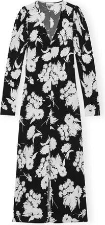 Ganni Black Printed Crepe V-neck Dress - Size 8/10 LENZING&acirc;&cent; ECOVERO&acirc;&cent;