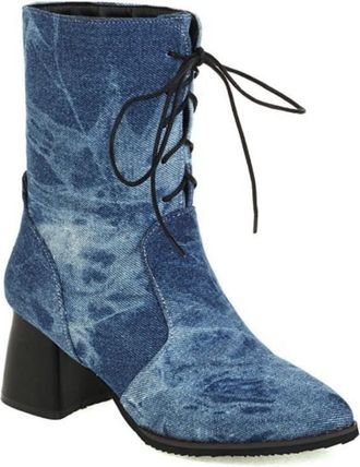 Generic Womens Mid-Calf Lace Up Boots PU Leather Denim Herringbone Block Heels Comfortable Non Slip Durable for Daily Wear Street Fashion Party,Blue,6.5 UK