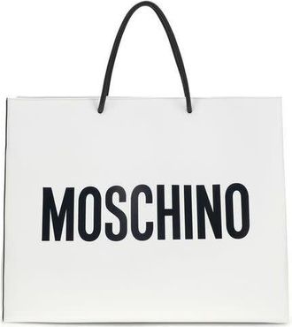 Moschino Calf Leather Logo Shopper Shoulder Bag White