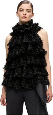 Karl Lagerfeld Tops, Dames, Zwart, L, Leer, Gekreukte Mesh Blouse
