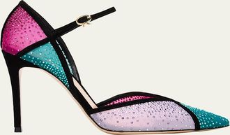 Gianvito Rossi 95mm Suede-Trimmed Crystal-Embellished Mesh Pumps