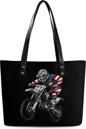 Generic Dirt Bike Motocross US Flag Tote Bags for Women Cute Shoulder Purses Handbags