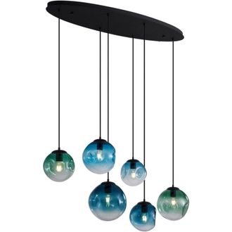 QAZQA Qazqa - Art Deco Pendant Lamp Black with Oval Ceiling Plate and Green and Blue Glass 6-Lights - Douglass