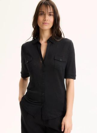Majestic Filatures Stretch Linen 3/4 Sleeve Pocket Shirt in Noir at Nordstrom, Size 1