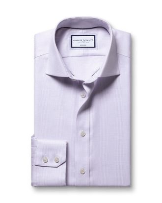 CHARLES TYRWHITT Non-Iron Stretch Burlington Weave Prince Of Wales Check Cotton Shirt - Lilac Single Cuff Size 14.5/32 by Charles Tyrwhitt