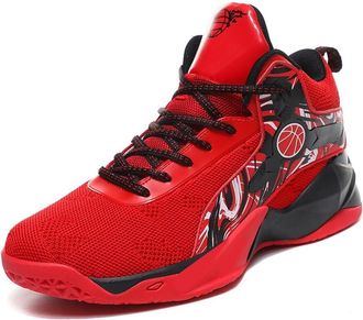 Generic Mens Basketball Shoes High Top Fly Woven Breathable Durable Sports Training Boots Walking Shoes(Black/Red,5.5 UK)