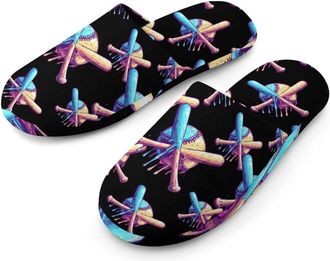 Generic Baseball Game Day Flannel Mens Slip-on Slippers Winter Warm House Shoes with Rubber Sole for Home Hotel