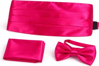 Generic L&L Adult Pre-Tied Bowtie Adjustable Cummerbund and handkerchief Pocket Square 3 pcs Set Satin Plain Solid (Hot pink)