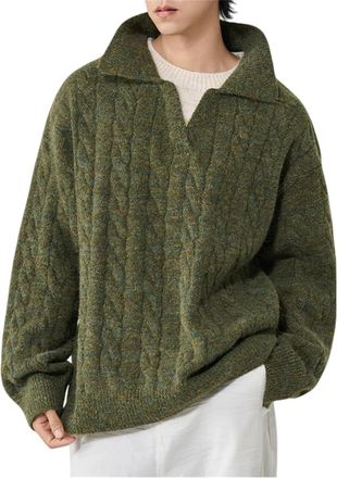 Generic Mens Fake Two Piece Cable Knit Sweaters Long Sleeve V Neck Sweater Tops Pullover Polo Shirts Fall Outfits (M,Green)