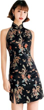 ACVIP Womens Brocade Satin Sleeveless Mini Qipao Ladies Chinese Dress Cheongsam (Black Dragon&Phoenix, UK 10/Label Size XL)