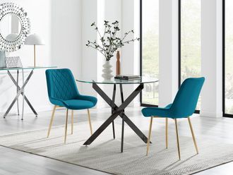 Furniturebox Novara 100cm Round Black Leg Dining Table & 2 Pesaro Gold Leg Chairs in Blue