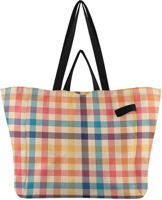 Generic Retro Plaid Beige pattern Reusable Canvas Tote Bag, Heavy Duty Grocery Shopping Bag with Double Handles Hard Bottom Large Capacity Work Groceries Trav