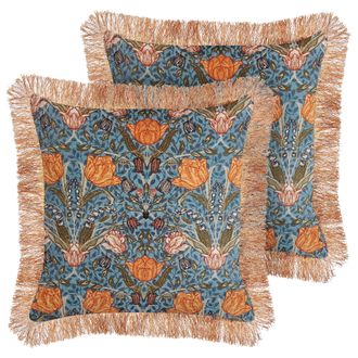 Beliani Conjunto De 2 Cojines De Algod&oacute;n Azul Naranja 45 X 45 Cm Floral Flecos Mitella