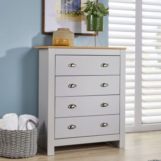 Home Source Industries Home Source - Chest 4 Drawers Bedroom Furniture Grey Oak Top Metal Cup Handles Wood Nightstand