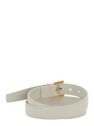 Saint Laurent Womens Belt With Logo Plate, White Leather Calf
