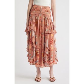 Farm Rio Boho Enhance Ruffled Maxi Skirt in Boho Enchance Mocha at Nordstrom, Size X-Small