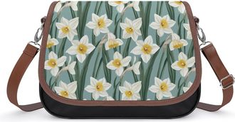 Generic Narcissus Flowers Crossbody Bag Womens Handbag PU Message Bags Shoulder Purse with Adjustable Strap