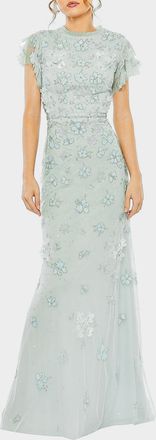 Mac Duggal Flutter-Sleeve Beaded Applique Gown