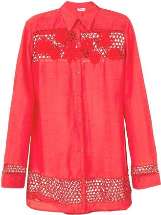 Amir Slama floral-lace detail oversize shirt - women - Linen/Flax - GG - Red