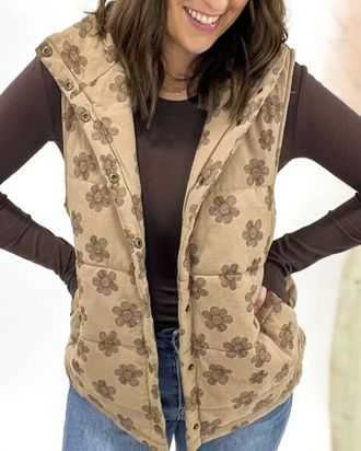 Hem & Thread Flower Puffer Vest In Mocha