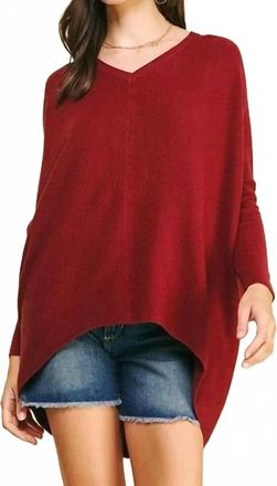 Pinch Design V-Neck Dolman Sleeves Sweater In Wine