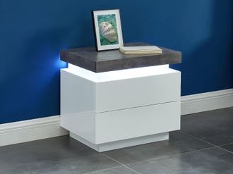 Vente-Unique Comodino 2 cassetti Con LED MDF Laccato Bianco e Calcestruzzo - Lotto di 2 - HALO II