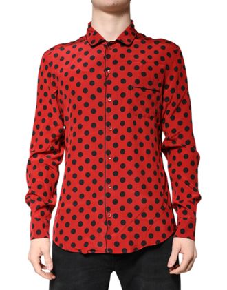 Dolce & Gabbana Red Polka Dot Silk Long Sleeve Mens Shirt