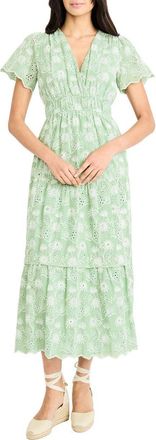 Maggy London Floral Embroidered V-Neck Tiered Midi Dress in Fair Green/Ivory at Nordstrom, Size 14