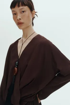 H&M Linen-blend Wrap Blouse in Dark Brown at Nordstrom, Size X-Small