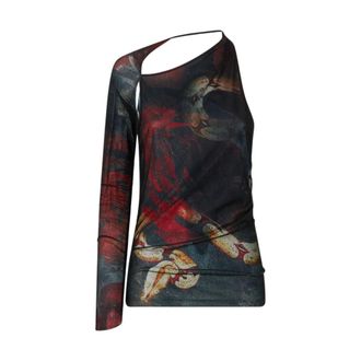 Roberto Cavalli One-Sleeve Jumper With Rose And Snake - female - Roberto Cavalli - Blouses - Red - M - Blouses & Shirts