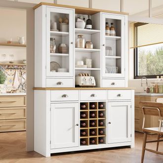 Merax Country Style White Kitchen Dresser Cabinet with Worktop & Wine Rack