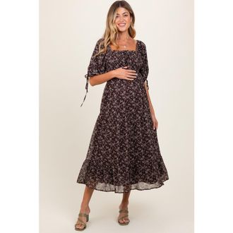 Pinkblush Floral Smocked Sleeve Tie Midi Dress in Brown at Nordstrom, Size Medium