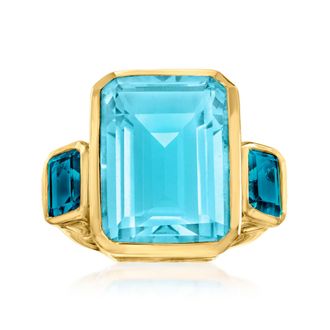 Ross-Simons Blue Quartz and London Blue Topaz 3-Stone Ring in 18kt Gold Over Sterling